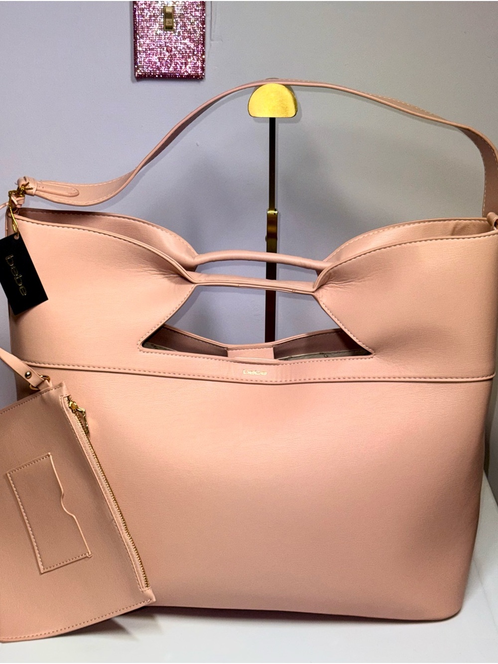 Bebe Pale Pink Cutout Top-Handle Tote with Zip Pouch